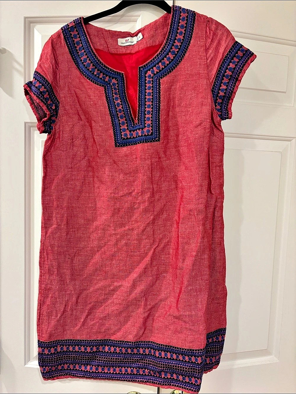 Vineyard Vines Embroidered Linen Tunic Shift Dress Soft Red & Blue 10